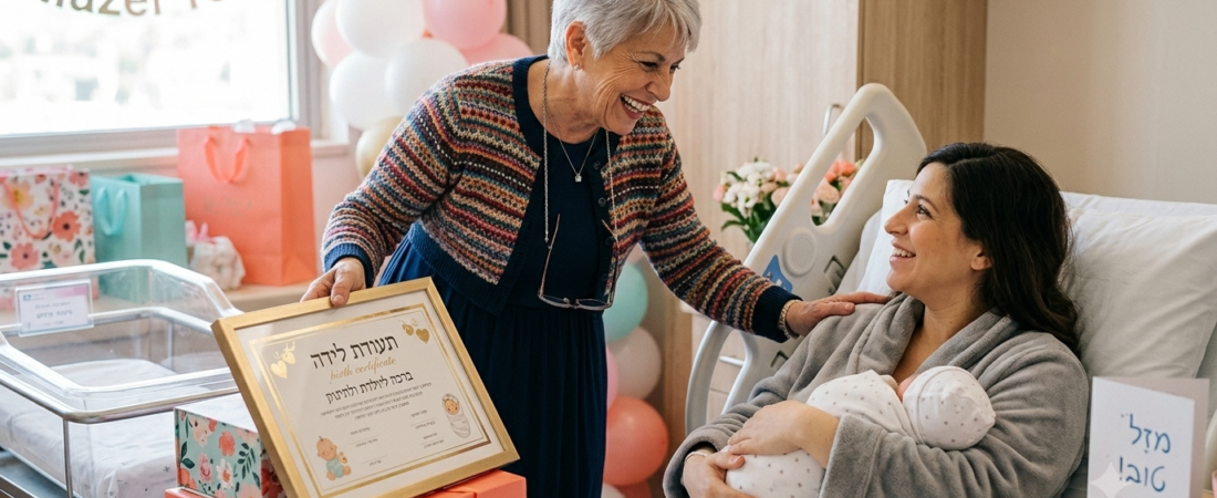 טרנד: הסבתא גונבת את ההצגה ובוחרת להעניק תעודת לידה מעוצבת ברכה ליולדת.