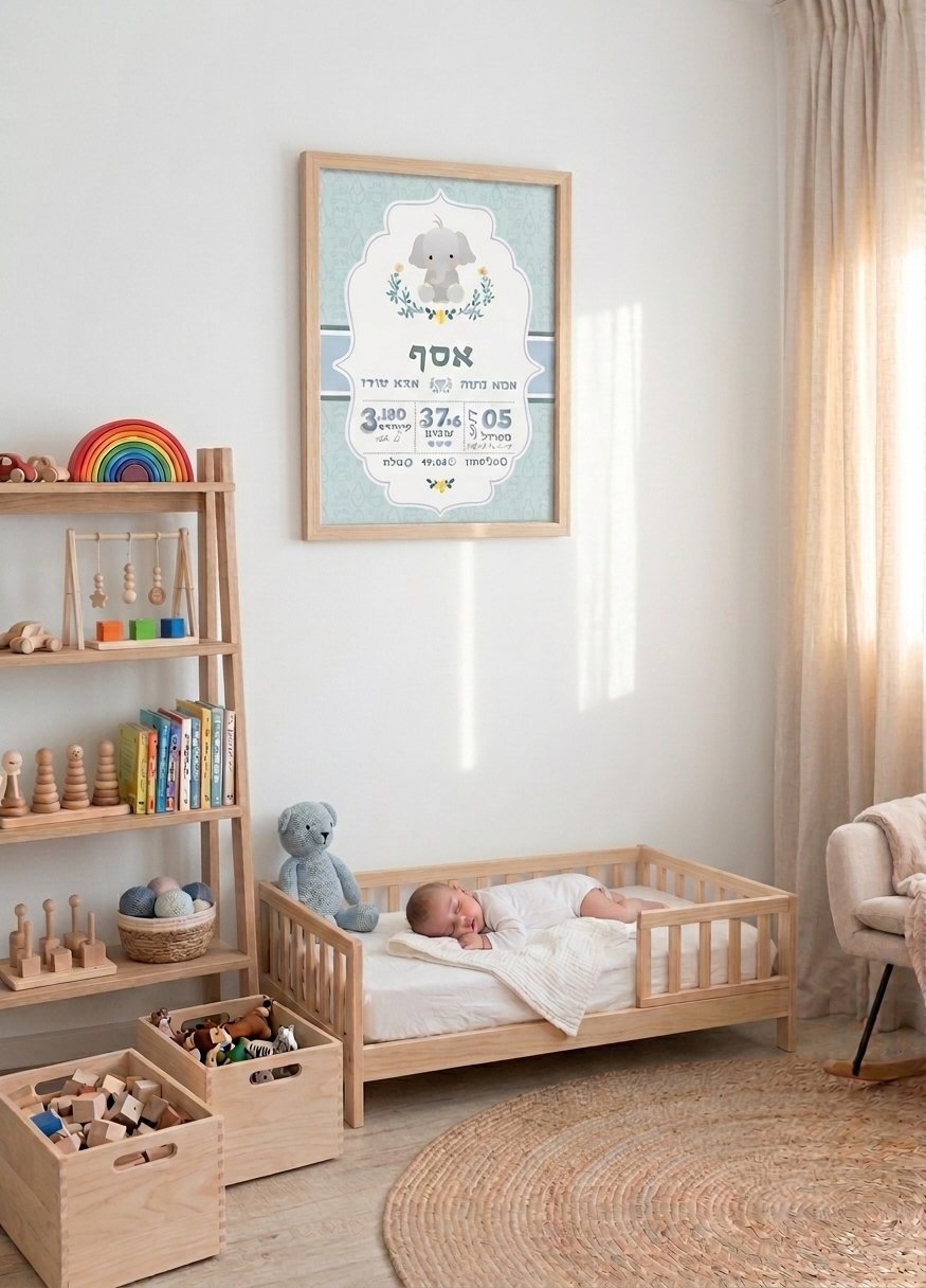 "תעודת לידה מעוצבת וממוסגרת תלויה על קיר לבן בחדר תינוק בסגנון מונטסורי, מעל מיטת עץ עם תינוק ישן וצעצועי עץ."
