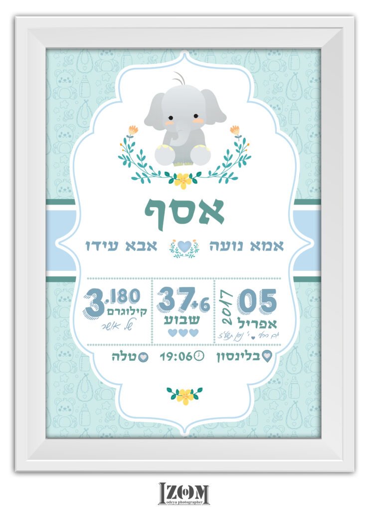 תעודת לידה מעוצבת דגם אסף - פילון תכלת